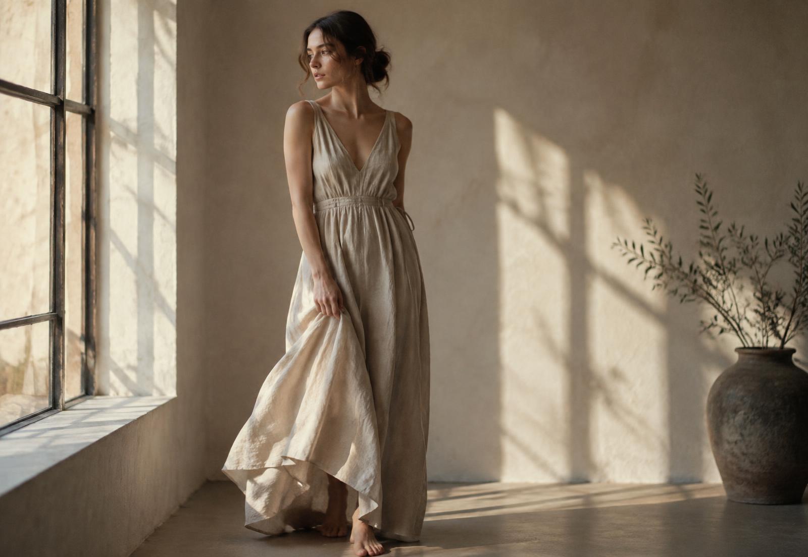 Woman in a linen dress in soft window light, photographed by Kistel Pisani Massamormile