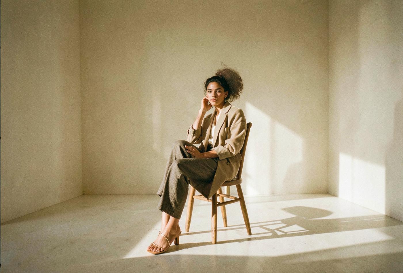 Model seated on a chair in an empty ivory room