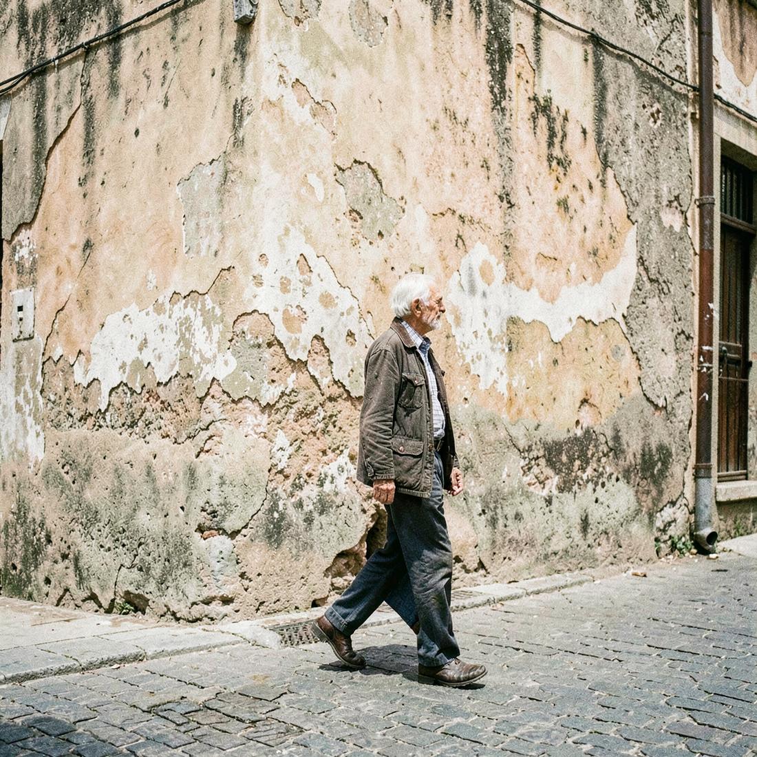 Man walking past a weathered Italian wall